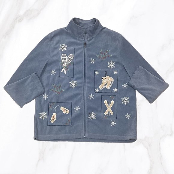 Croft & Barrow Blue Full Zip Embroidered Ice Skating‎ Fleece Coat, Size L - Picture 1 of 6